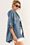 Women's Blue Pearl Beaded Embroidered Stone Printed Hooded Oversize Denim Jacket Long Sleeve Pocketed Drawstring - 4