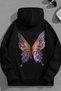 Unisex 3 Thread Cotton Black Color Butterfly Print Loose Fit Sweatshirt Hoodie