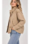 Women's Beige Safari Jacket, Stand Collar, Drawstring Waist, Short Pockets, Gold Buttons, Long Sleeves - 2