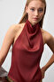 Arnelle Women's Backless High Collar Satin Burgundy Blouse - 4