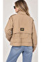 Women's Beige Safari Jacket, Stand Collar, Drawstring Waist, Short Pockets, Gold Buttons, Long Sleeves - 5