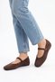 Deslar Front Stitched Hidden Heel Flat Shoes with Stiletto Heel and Blunt Toe Women's Babet Brown Suede