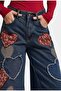 Women's Dark Tint 1W6-8 Palazzo Fit Special Embroidery Patterned Design Denim Jean - 2