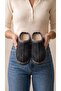 Women's Black Fur Lined Suede Textured House Slippers 3 cm Bynduggmtf01