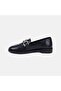 Women's Black Leather Loafer with Metal Buckle Accessories - 3