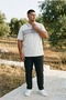 White Plus Size Men's Textured Banded Polo Collar T-Shirt - 7