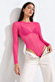 Women's Pink Tulle Crew Neck Long Sleeve Snap Fastener Bady Suit Blouse