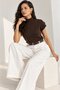 Women's Brown Turtleneck Knitwear Blouse Layered Flounce Sleeves Short Sleeve Stylish Sweater - 2