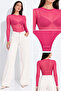 Women's Pink Tulle Crew Neck Long Sleeve Snap Fastener Bady Suit Blouse - 2