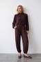 Women's Coffee Color Stand Collar Blouse with Drawstring Detail and Flowy Pants Set Alc-X15782