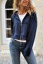 Navy Blue Hooded Zippered Kangaroo Pocket Soft Textured Cotton Knitted Sweatshirt 45 50 - 3