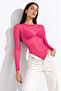 Women's Pink Tulle Crew Neck Long Sleeve Snap Fastener Bady Suit Blouse - 6