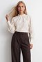Women's Beige Stand Collar Scallop Woven Blouse Alc-X15789