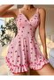 Cherry Printed Ruffled Home Dress with Lace on the Chest and Bow - 3