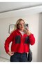 Hooded Red Knit Cardigan with Denim Pocket Detail - 4