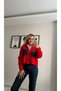 Hooded Red Knit Cardigan with Denim Pocket Detail - 5