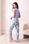 Women's Blue Tie-Dye Patterned Short-Sleeved Crew Neck Piping Detailed Long Bottom Pajama Set Pjlou - 4