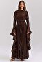 Removable Shawl Detailed Sleeves with Ruffles Yoryo Silk Hijab Evening Dress K. Brown 1245
