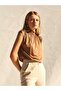 Women's Mink Sleeveless Blouse with Stand Collar and Ruffle Detail, Knitted Viscose Blend - 8