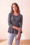 Women's Viscose Blended Navy Blue Melange 3/4 Sleeve Crew Neck Skirt Gathered Blouse Esther - 3
