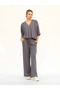 Women's Anthracite Trousers with Elastic Waist, Lace-Up, Side Pockets, Wide Legs, Plain Weave - 7