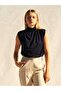 Women's Navy Blue Sleeveless Blouse with Stand Collar and Ruffle Detail, Knitted Viscose Blend - 2