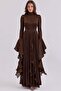 Removable Shawl Detailed Sleeves with Ruffles Yoryo Silk Hijab Evening Dress K. Brown 1245 - 4