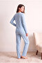 Women's %100 Cotton Rib Blue Plaid Patterned Long Sleeve Crew Neck Long Bottom Pajama Set Pjjane - 3