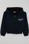 Girl's Cardigan with Embroidered Text, Hooded, Elastic Waist, Ages 9-14, Navy Blue