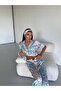 Premium Satin Fabric Buttoned Short Sleeve Long Pajama Set - with Bandage and Buckle Gift - Blue Tiger - 2