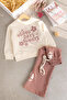 Girl's Floral Patterned 3 Yarn Fabric Cotton Tracksuit Set - 3