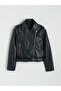 Black Shirt Collar Women's Leather Look Jacket - 7