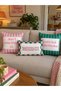Set of 3 Throw Pillow Covers Pink Green Lettered Retro Decorative Pillowcases 43X43 and 30X50 cm