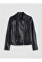 Black Shirt Collar Women's Leather Look Jacket - 5