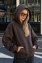 Women's Oversize Basic Hoodie Sweatshirt Brown – Hooded, Kangaroo Pocket, 3 Thread Ribbed Pola - 5