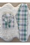 Green and Gray Plaid Patterned Suede Shirt Collar Long Sleeve Pajama Set