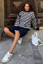 Women's Navy Blue Striped Crew Neck Soft Textured Oversize Knitwear Sweater