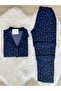 Navy Blue Candy Cane Patterned Suede Shirt Collar Long Sleeve Pajama Set