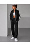 Scuba Fabric Oversize Stripe Detailed Zippered Top and Bottom Tracksuit Set - Black