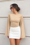 Women's Beige Crew Neck Long Sleeve Basic Blouse