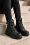 Women's Half Ankle Stitched Sole 5 cm Heel 20 cm Length Zippered Lace-Up Boots-Black - 2