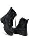 Women's Half Ankle Stitched Sole 5 cm Heel 20 cm Length Zippered Lace-Up Boots-Black - 3