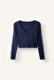Fitted V-Neck Double-Breasted Look Ribbed Long Sleeve Crop Basic T-Shirt I6398Ax26Au