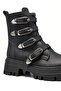 Women's Half Ankle 4-Strap Stitched Sole 5 cm Heel 20 cm Length Zippered Lace-Up Boots-Black - 2