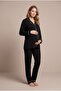 Women's Black Ribbed Front Buttoned Maternity Pajama Set for Easy Breastfeeding - 2