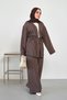 Women's Elastic Waist Front Tie Striped Pants Kimono Set Brown - 2