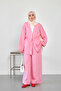 Women's Elastic Waist Front Tie Striped Pants Kimono Set Pink