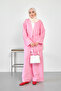 Women's Elastic Waist Front Tie Striped Pants Kimono Set Pink - 2