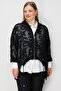 Women's Plus Size Short-Front Gathered Shirt and Zipper Closure Jacquard Double Suit 0390 Black - 2