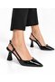Ahsen Women's Black Patent Leather Plain Satin Open Back 7 cm Heeled Shoes - 2